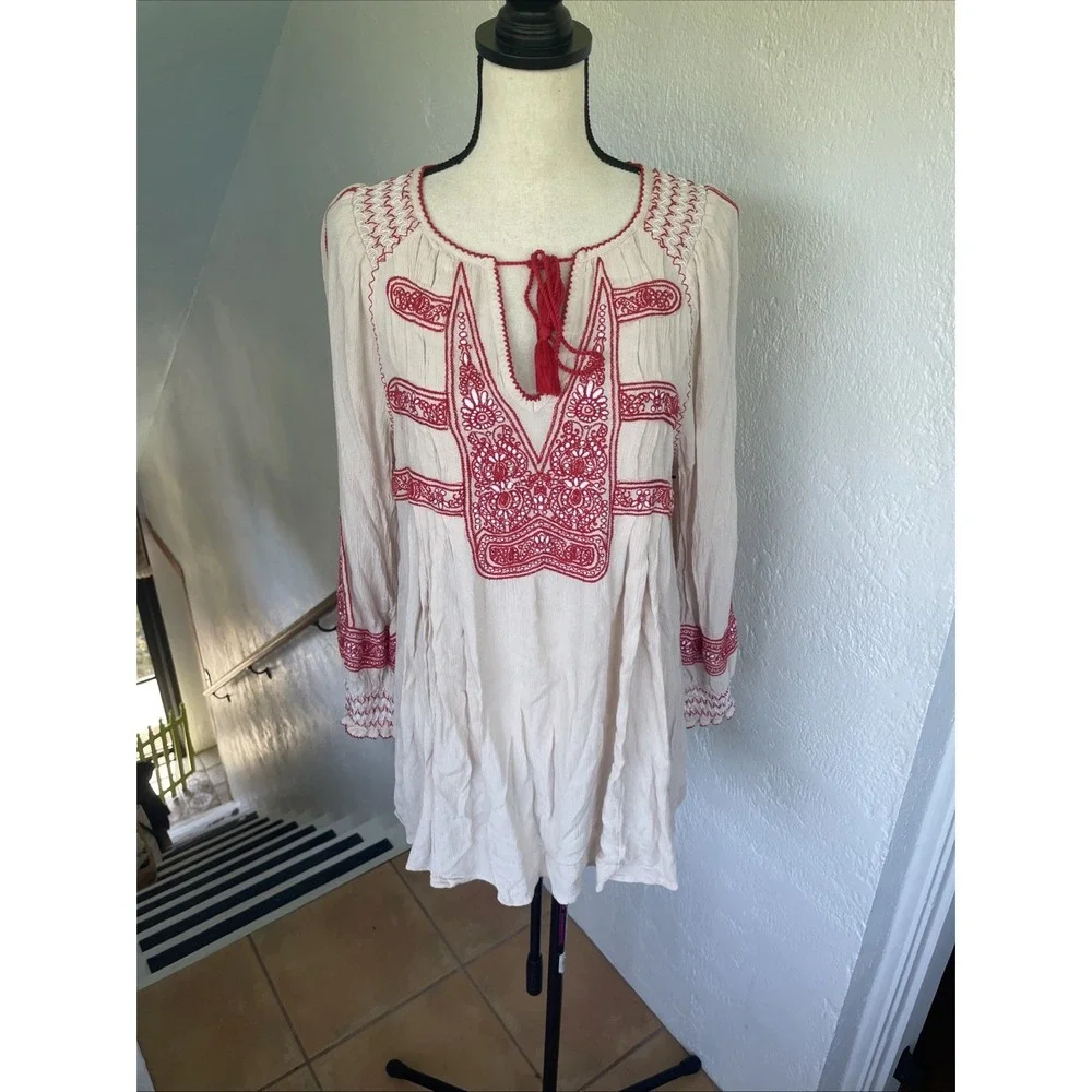 FREE PEOPLE Small WIND WILLOW EMBROIDERY LONG SLEEVE TUNIC DRESS Cream And Red